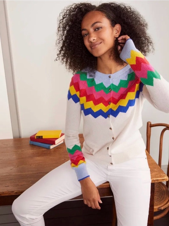 Boden Sweaters - Boden Rothesay Chevron Button-Front Sweater Cardigan - White Multi